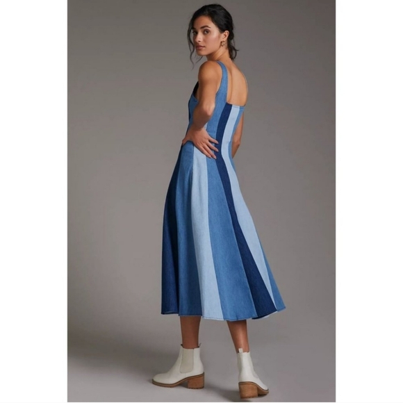 NWT Anthropologie Farm rio denim Colorblock Midi dress Fit & Flare S - Picture 2 of 16
